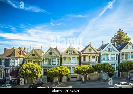 La famosa fila di case vittoriane di San Francisco conosciuta come le Signore dipinte in un sole Primavera Foto Stock