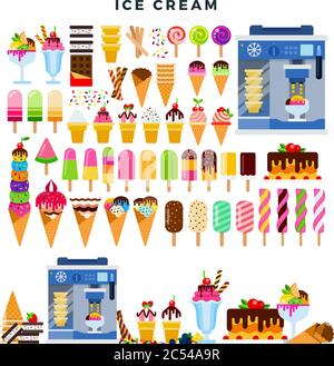 Grande collezione di gelato colorato, insieme di elementi vettoriali, isolato su bianco. Illustrazione Vettoriale