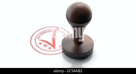 Timbro approvato. In legno gomma rotonde stamper e timbro con testo approvato isolati su sfondo bianco. 3d illustrazione Foto Stock