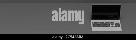 Modello di reen vuoto del laptop. Computer aperto ad angolo alto, schermo nero vuoto su sfondo grigio, banner, spazio per la copia. illustrazione 3d. Foto Stock