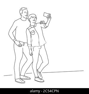 Disegno a linea di coppia che fa foto selfie. Illustrazione vettoriale. Illustrazione Vettoriale