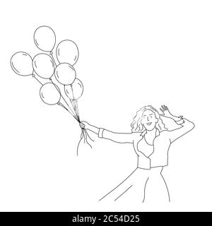 Disegno di linea della ragazza con palloncini. Illustrazione vettoriale. Illustrazione Vettoriale