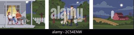Attività di famiglia notturna in villaggio semi piatto vettore illustrazione set Illustrazione Vettoriale