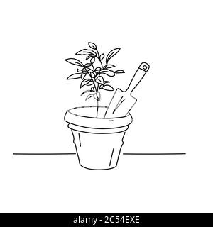 Disegno di linea di germoglio in un vaso. Pale per giardinaggio. Giardinaggio o che pianta concetto. Illustrazione vettoriale. Illustrazione Vettoriale