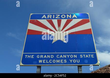 Cartello di benvenuto Arizona presso la diga di Hoover, Arizona Foto Stock