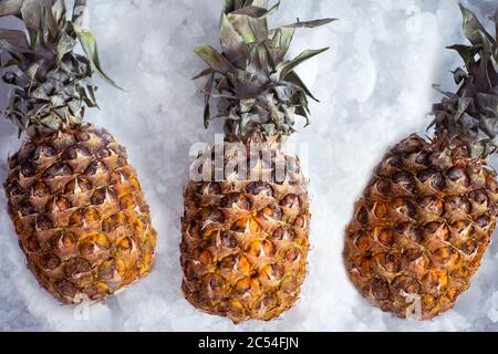 Arance di ananas e limoni giacciono sul ghiaccio. Agrumi su ghiaccio Foto Stock