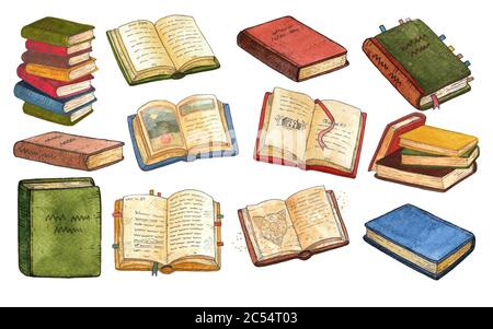 Raccolta di libri e pile d'epoca. Set di acquerelli, clipart Foto Stock