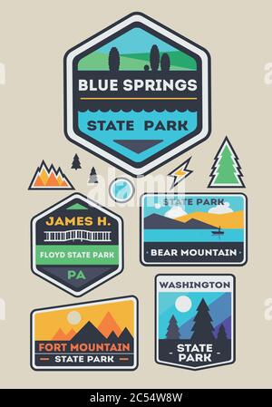 Set di badge con logo di stato e natura. Illustrazione vettoriale. Illustrazione Vettoriale