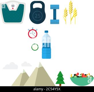 Attrezzature e prodotti per il fitness e uno stile di vita sano, set. Attrezzatura sportiva e cibo dietetico. Illustrazione vettoriale. Illustrazione Vettoriale