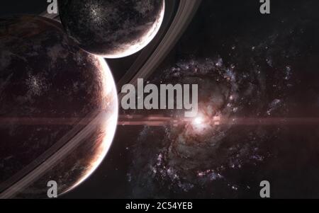 Pianeti sullo sfondo della galassia. Da qualche parte nello spazio profondo Foto Stock
