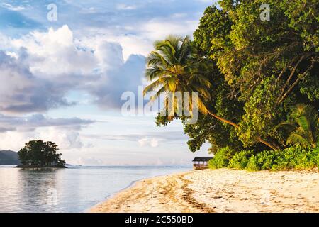 Anse Source d'Argent spiaggia in luce dorata del tramonto. La Digue, Seychelles. Foto Stock