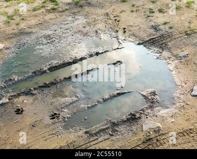 Puddle e fango con la consistenza della pista degli pneumatici. Campo fangoso, strada sterrata dopo la pioggia. Impassibilità delle strade. Concetto di impotenza Foto Stock