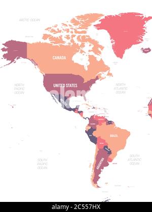 Mappa delle Americhe. Mappa politica dettagliata del continente nordamericano e sudamericano con etichettatura dei nomi di paesi, oceani e mari. Illustrazione Vettoriale