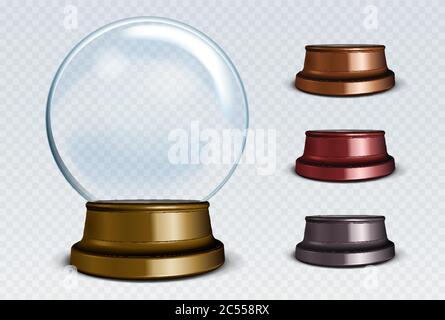 Gruppo di globi neve vuoti vettoriali. Sfera di vetro trasparente bianca su un supporto con riflessi e luci. Illustrazione Vettoriale