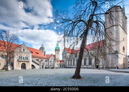 Castello di Dankwarderode, Domplatz, Braunschweiger Löwe, Torre del Municipio, Dom, Braunschweig, bassa Sassonia, Germania, Europa Foto Stock