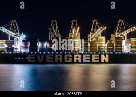 Un grande peschereccio Evergreen che carica container nel porto di Rotterdam di notte Foto Stock