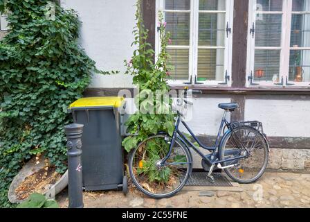 Magniviertel, facciata casa, ciottoli, decorazioni floreali, bicicletta, Braunschweig, bassa Sassonia, Germania, Europa Foto Stock