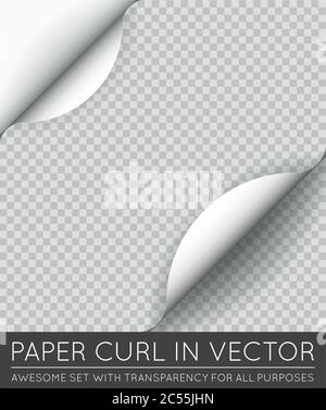 Arricciamento pagina carta vettoriale con ombreggiatura isolata. Illustrazione Vettoriale