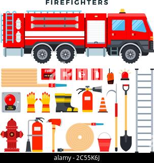 Attrezzatura antincendio e attrezzatura, set. Camion antincendio, estintore, idrante, tubo flessibile, scala, radio, segnali antincendio, ecc. illustrazione vettoriale. Illustrazione Vettoriale