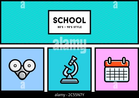 Set di icone di stile School Education di Vector anni 80 o 90 con colori retro Illustrazione Vettoriale