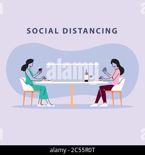 divaricarsi in ristoranti, uomini che mangiano sul tavolo, protezione e prevenzione del coronavirus o covid-19 disegno di illustrazione vettoriale Illustrazione Vettoriale