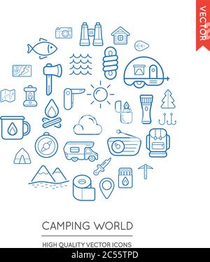 Set vettoriale di icone moderne piatte sottili del campeggio inscritte in forma rotonda Illustrazione Vettoriale