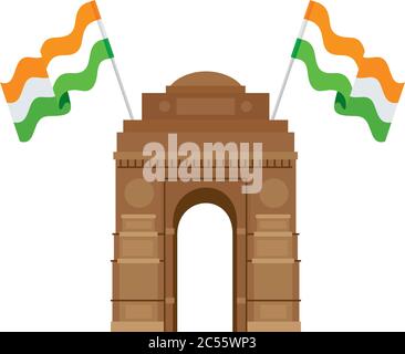 india porta, famoso monumento con bandiere dell'india Illustrazione Vettoriale