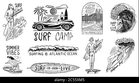 Badge Surf, logo Vintage Surfer. Onda retro e palmo. Estate California e San Francisco. Uomo sulla tavola da surf, spiaggia e mare. Ragazzo con una chitarra Illustrazione Vettoriale