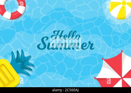 Ciao estate sfondo. Sfondo estivo sul mare con ombrelloni, palle da spiaggia e ananas gonfiabili letti galleggianti. Illustrazione Vettoriale