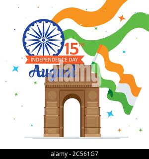 giornata indiana felice indipendenza, celebrazione 15 agosto, con cancello monumento e bandiere dell'india Illustrazione Vettoriale