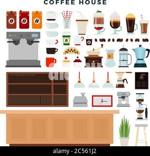 Caffetteria, set di elementi. Interni della caffetteria, attrezzature, diversi tipi di bevande al caffè. Illustrazione vettoriale. Illustrazione Vettoriale