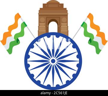 india gate, famoso monumento con ruota blu ashoka e bandiere indiane Illustrazione Vettoriale