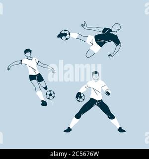 insieme di giocatori di calcio in azione, giocatori di calcio con disegno di illustrazione vettoriale della palla Illustrazione Vettoriale