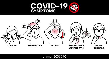 Coronavirus COVID-19 sintomi. Insieme di illustrazioni vettoriali isolate in stile cartoon Foto Stock