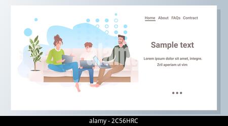 genitori con bambino che usano i laptop famiglia felice che passa il tempo insieme moderno interno del soggiorno a lunghezza intera copy space orizzontale illustrazione vettoriale Illustrazione Vettoriale