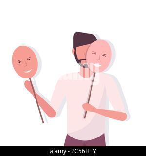 uomo depresso che tiene maschere positive ragazzo che copre le emozioni del viso dietro maschera falso sensazione depressione disturbo mentale concetto ritratto vettore illustrazione Illustrazione Vettoriale