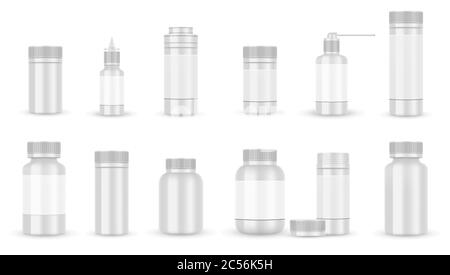 Confezione bianca in bianco per pillole o capsule isolate. Contenitore medico farmaceutico e mockup bottiglia di plastica. Illustrazione vettoriale Illustrazione Vettoriale