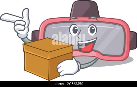 Un sorriso vr occhiali cartoon stile mascotte con una scatola Illustrazione Vettoriale