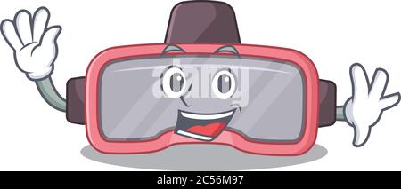 Un concetto carismatico di design mascotte per occhiali vr sorridente e ondulato mano Illustrazione Vettoriale