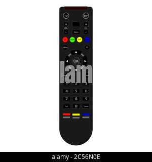 Telecomando tv realistico isolato su bianco. Telecomando con segnale a infrarossi e pulsanti multicolore. Vista dall'alto. EPS vettoriale 10. Illustrazione Vettoriale