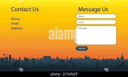 Concetto di schermo di contatto per il sito web con bella silhouette della città al tramonto. Forma di invio dei messaggi. Modelli vettoriali per la progettazione di siti Web. UI, UX. Illustrazione Vettoriale