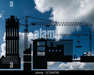 Sviluppo urbano generico e silhouetted contro un cielo blu nuvoloso Foto Stock