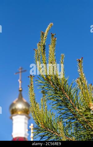 Croce dorata sulla cupola di una chiesa ortodossa da vicino. Foto Stock