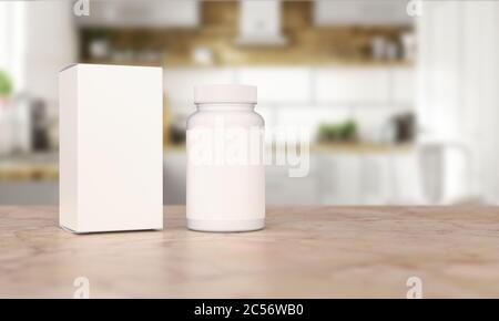 Bottiglia di confezionamento in plastica vuota con scatola su fondo cucina. Pacchetto di supplemento alimentare per capsule. Rendering 3D, Capsule sul lato. Foto Stock