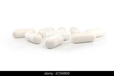 Capsule bianche isolate su sfondo bianco. Supplementi in capsule. rendering 3d. Farmaco farmaceutico pil. Farmaco bianco antidolorifico. Foto Stock