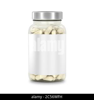 Vaso di vetro con medicinali. Flacone di capsule di supplemento isolato su bianco. Mockup con etichetta. Rendering 3D Foto Stock