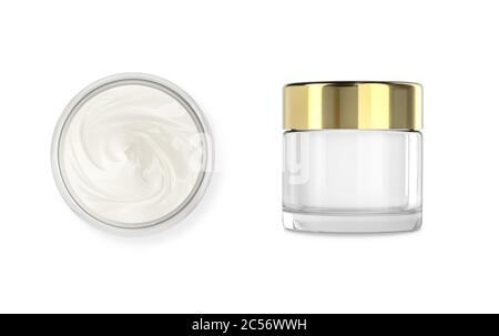 Vasetto cosmetico, vasetto in vetro con corpo, crema viso. Modello realistico di confezionamento con cappuccio dorato. Isolato su bianco. Rendering 3D Foto Stock