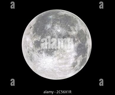 Luna piena isolata su sfondo nero. Immagine ad alta risoluzione. Satellite luminoso lunare. Rendering 3D Foto Stock