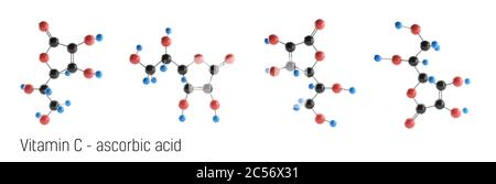 Struttura della molecola di vitamina C. acido l-ascorbico, acido ascorbico, ascorbato. La vitamina C è un grande antiossidante. Rendering 3D. Foto Stock