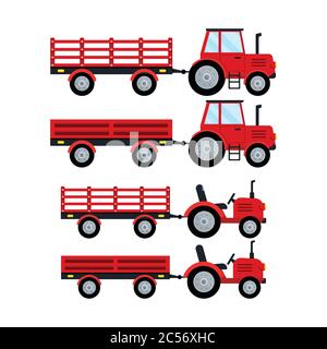 Trattore agricolo rosso con icona rimorchio aperta, isolatet su sfondo bianco. Illustrazione Vettoriale